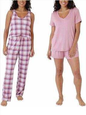 Women's Pink Plaid and Solid Two-Piece Sleep Set (Tea rose)